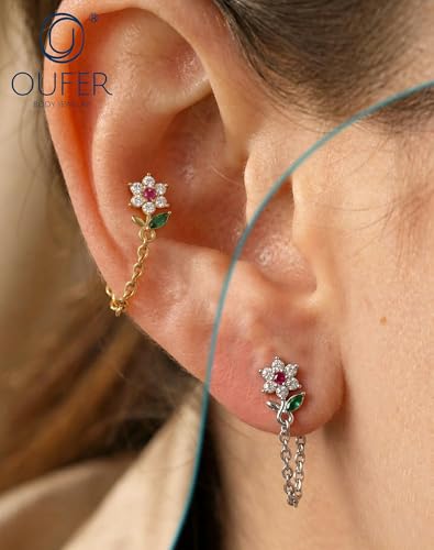 OUFER 16G Threadless Flat Back Cartilage Stud with Chain Dangle, Flower CZ Cluster Labret for Helix/Conch/Tragus/Lobe, 316L Stainless Steel, 6mm Post - color: Gold