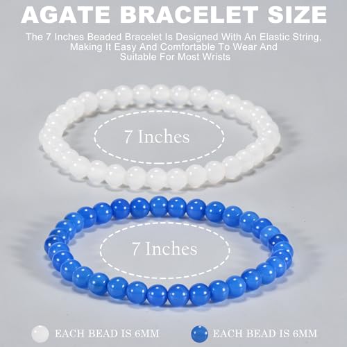 2PCS Agate Bracelet for Women Men Natural Round Beaded Agates Stone Healing Stretch Bracelets Elastic Handmade Polished Gemstone Beads Bracelet - color: White+Blue, size: 6mm Beads