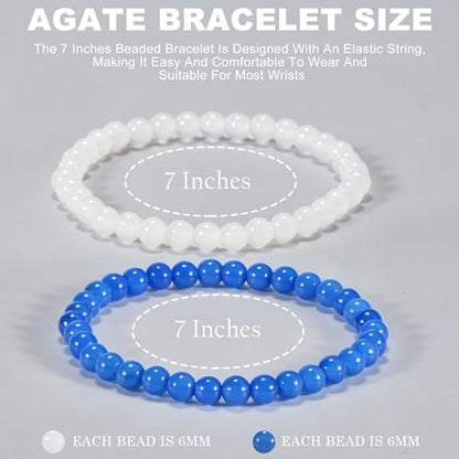 2PCS Agate Bracelet for Women Men Natural Round Beaded Agates Stone Healing Stretch Bracelets Elastic Handmade Polished Gemstone Beads Bracelet - color: White+Blue, size: 6mm Beads
