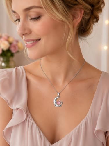 Birthstone Necklace for Women White Gold Moon and Star Pendant Moon Jewelry Anniversary Birthday Gifts for Mom Wife Her - color: 10. October - Pink Tourmaline