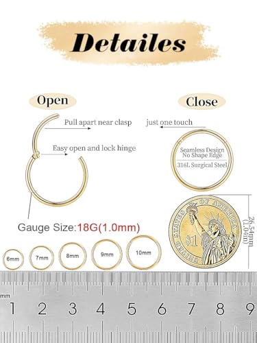 AMASIS Nose Rings and Nose Studs Set, Stainless Steel Hinged Nose Hoops and CZ Studs, Select Sizes and Styles for Nostril Septum Cartilage Piercing Jewelry - color: Gold, size: 2-Piece Hoops,18Gauge,8mm