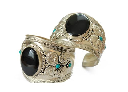 Boho Black Onyx Adjustable Cuff Bracelet | Argentium Plated Stainless Steel Jewelry for Men & Women