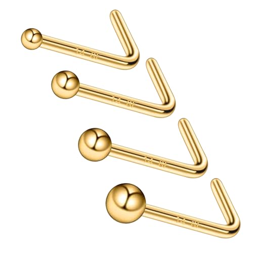 3 Pcs 14K Gold Filled Nose Studs 20G Stainless Steel Stud Nose Ring 2mm/2.5mm/3mm Round CZ L Bend Nose Stud Hypoallergenic Nose Piercing - color: gold 4
