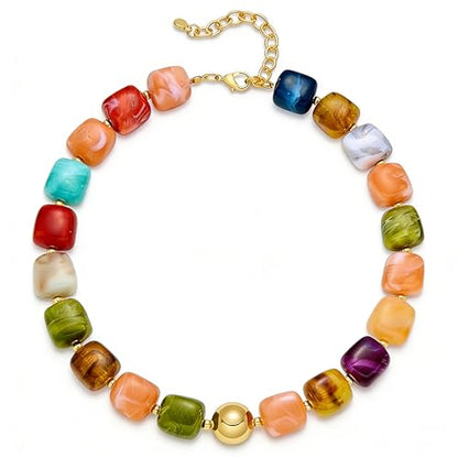 Colorful Statement Chunky Beaded Necklace for Women Trendy Y2K Boho Choker | Large Square Resin Beads Bold Summer Vacation Jewelry - color: Colorful