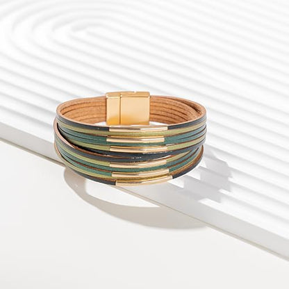 Gold Tube Leather Wrap Bracelets Boho Chunky Stackable Layered Western Cuff | Stacked Bohemian Cool Magnetic Clasp Bangles Statement Cowgirl Hippie Country Festival Accessories for Women Trendy - color: Green