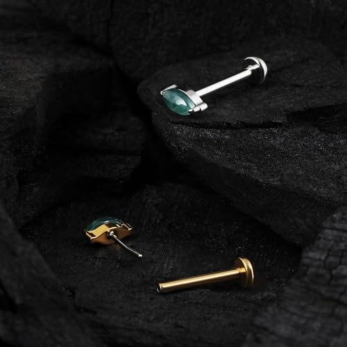 1PC ASTM F136 Titanium Piercing Jewelry for Tragus Conch Helix Flat Labret 18G 6mm 8mm, Cartilage Earring Flatback Stud - color: Moss Agate Marquise - Tit