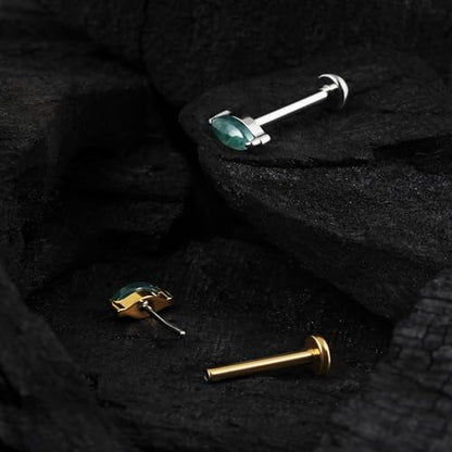 1PC ASTM F136 Titanium Piercing Jewelry for Tragus Conch Helix Flat Labret 18G 6mm 8mm, Cartilage Earring Flatback Stud - color: Moss Agate Marquise - Tit