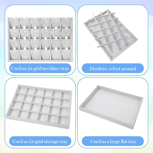 2PC Gray Ice Velvet Stackable Jewelry Display Tray Organizer with Removable Dividers, Multi-Compartment Storage Box for Earrings Necklaces Bracelets Rings Showcase - 13.8x9.5x1.2inch