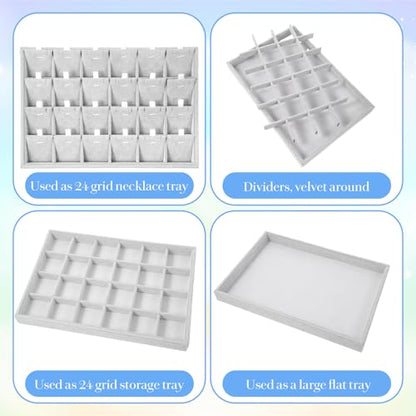 2PC Gray Ice Velvet Stackable Jewelry Display Tray Organizer with Removable Dividers, Multi-Compartment Storage Box for Earrings Necklaces Bracelets Rings Showcase - 13.8x9.5x1.2inch