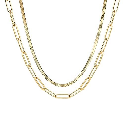 Layered Necklaces for Women - 14K Dainty Gold Plated Layering Chokers Necklaces Set Multilayer Delicate Necklace Trendy Adjustable Long Layered Necklaces for Women - style: 15 Paper Clip + Snack Chain