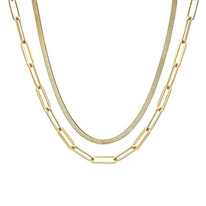 Layered Necklaces for Women - 14K Dainty Gold Plated Layering Chokers Necklaces Set Multilayer Delicate Necklace Trendy Adjustable Long Layered Necklaces for Women - style: 15 Paper Clip + Snack Chain