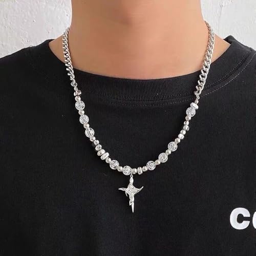 Gothic Cross Star Necklace For Men Women Silver Stainless Steel Cuban Link Paperclip Figaro Bead Chain Punk Kpop Y2k Goth Irregular Layered Cross Pendant Necklace Non Tarnish Jewelry Gift - color: Silver F