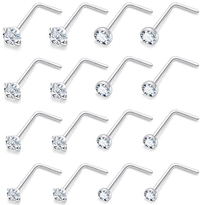 18G 20G 22G Round Cubic Zirconia Nose Rings Studs for Women Men 316L Stainless Surgical Steel Nose Ring Stud Piercing Jewelry Silver Gold Clear CZ 1.5mm 2mm 2.5mm 3mm - style: 18G L Shaped Silver
