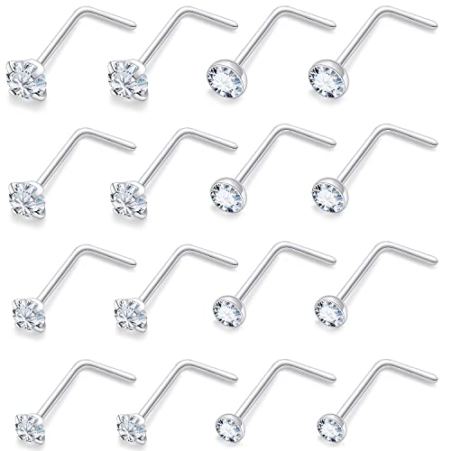 18G 20G 22G Round Cubic Zirconia Nose Rings Studs for Women Men 316L Stainless Surgical Steel Nose Ring Stud Piercing Jewelry Silver Gold Clear CZ 1.5mm 2mm 2.5mm 3mm - style: 18G L Shaped Silver