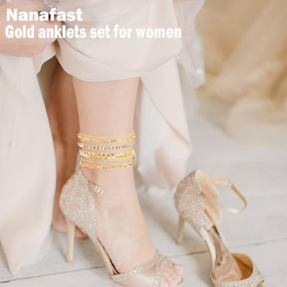 Nanafast 4-6PCS Ankle Bracelets Set for Women Gold Boho Beach Anklet Chain Adjustable Foot Jewelry for Women Extremely Simple Style - color: 4PCS