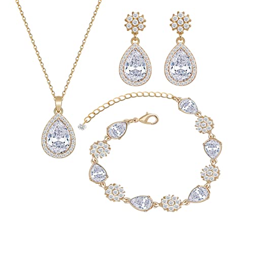 Bridesmaid Jewelry Set for Women,Pendant 18K Gold & Silver & Rose Gold Pendant Necklace Earrings Bracelet Set,Dainty Gift for Wedding/Proposal/Party/Anniversary - color: GOLD - 1 SET