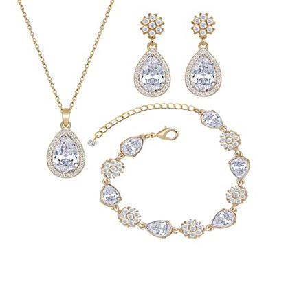 Bridesmaid Jewelry Set for Women,Pendant 18K Gold & Silver & Rose Gold Pendant Necklace Earrings Bracelet Set,Dainty Gift for Wedding/Proposal/Party/Anniversary - color: GOLD - 1 SET