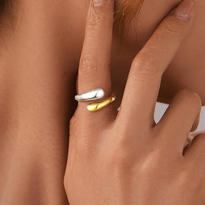 Non Tarnish Gold Chunky Rings for Women, 14K Gold Plated Statement Dome Rings Stacking Silver, Adjustable Mens Eternity Wedding Band Mixed Metal Jewelry Size 3-13 - color: Silver & Gold, size: 7, style: Open Twist Band