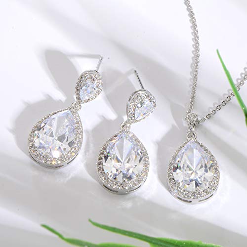 Bridal Jewelry Set for Wedding - 18k Plated Teardrop CZ Crystal Cubic Zirconia Rhinestone Necklace Earrings Set for Bride Bridesmaids Mother of Bride Party Prom Birthstone Costume Jewelry - color: Apr-Diamond