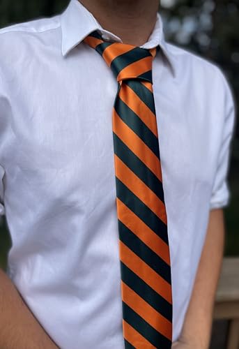 tiemart Men's Striped Tie Standard Length - color: Hunter Green and Orange