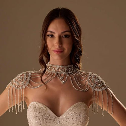 STONEFANS Bridal Rhinestone Shoulder Necklace Body Collar Jewelry Luxury Tassel Crystal Shoulder Harness Chain Wedding for Women - style: Fashion3