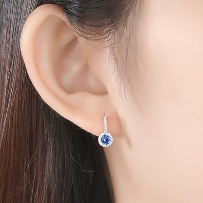 925 Sterling Silver Wedding Jewelry Set for Women - Sapphire Tone Gemstone Pendant Necklace and Stud Earrings with Cubic Zirconia Halo Design - Premium Rhodium Plated Finish - color: Blue