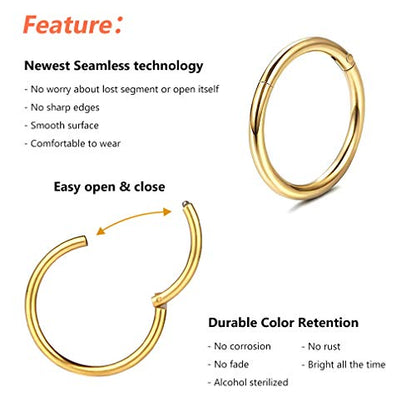 4Pcs 16G 18G 20G Surgical-Steel-Piercing-Ring-Nose-Rings-Hinged-Hoop-Earrings,6mm 8mm 10mm 12mm Seamless Stainless Steel Clicker Eyebrow Septum Piercing Hoop,Sliver Black Gold Rose Gold Rainbow Body Jewelry Set - color: 16G Gold