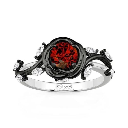 Jeulia Gothic Thorn Rose Ring, Round Cut Red Gemstone Engagement Ring, Two-Tone Black & Silver Statement Ring, S925 Sterling Silver Floral Promise Jewelry for Women