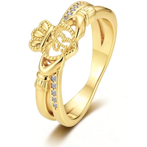 Gold Initial Crown Rings for Women Non Tarnish 14K Gold Plated Vintage Heart Thumb Rings Personalized Carved Anniversary Valentine's Day Gifts - color: Gold-B