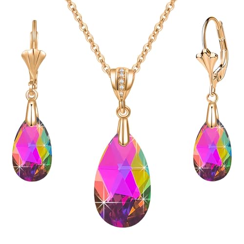 Austrian Crystals Teardrop Pendant Necklace Earrings for Women 14K Gold Plated Hypoallergenic Leverback Drop Dangle Earrings Jewelry Set - color: Vitrail Medium