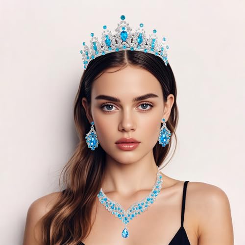 Crowns and Tiaras jewelry sets for Wedding princess birthday party Halloween Prom Pageant Jewelry for Women Crystal Bridal Jewelry Set for women - color: Silver lack bule