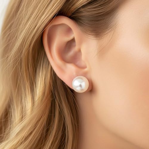 24 Pairs Pearl Earring Set, Faux Pearl Stud Earrings Round Ball Pearls Stud Earring Lightweight Pearls Earrings for Women Daily Wear Wedding Birthday, 4 Mixed Sizes (White + Beige)