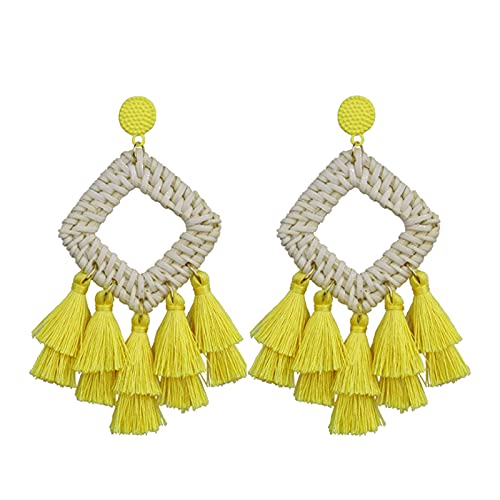 Bohemia Tassel Earrings Statement Handmade Dangle Ethnic Fringe Earrings Bamboo Weaving Geometric Square Sector Gifts for Women - color: E yellow