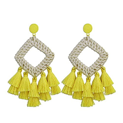 Bohemia Tassel Earrings Statement Handmade Dangle Ethnic Fringe Earrings Bamboo Weaving Geometric Square Sector Gifts for Women - color: E yellow