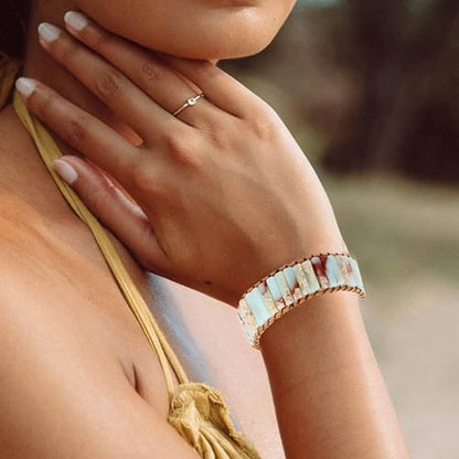 Plumiss Women Boho Handmade Natural Stone Crystal Leather Bead Wrap Bracelets Collection - style: Agalmatolite