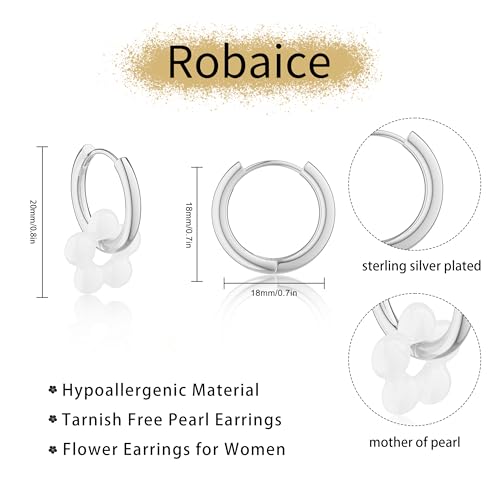 Robaice Pearl Earrings for Women, 14K Gold Plated Dangle Drop Earrings | Small Pearl Drop Huggie Hoop Earrings, Hypoallergenic Dainty Gold Earrings, Wedding Jewelry Gifts for Women Trendy - style: silver flower-1
