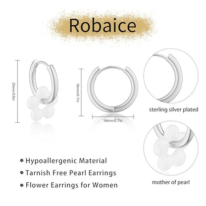 Robaice Pearl Earrings for Women, 14K Gold Plated Dangle Drop Earrings | Small Pearl Drop Huggie Hoop Earrings, Hypoallergenic Dainty Gold Earrings, Wedding Jewelry Gifts for Women Trendy - style: silver flower-1