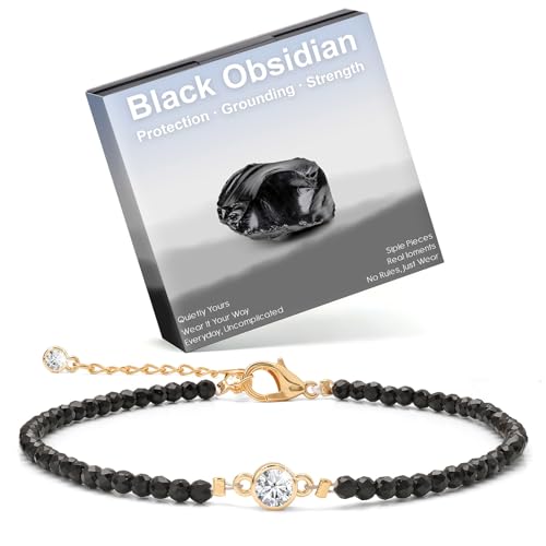 Raicegs Anklets for Women Handmade Beach Boho Ankle Bracelet 3mm Natural Stone Beaded Ankle Bracelet 14K Gold Plated Zircon Pendant Adjustable Crystal Gemstone Anklet Jewelry Gift for Her - color: Obsidian