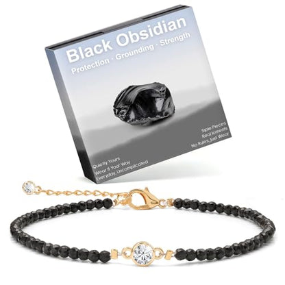 Raicegs Anklets for Women Handmade Beach Boho Ankle Bracelet 3mm Natural Stone Beaded Ankle Bracelet 14K Gold Plated Zircon Pendant Adjustable Crystal Gemstone Anklet Jewelry Gift for Her - color: Obsidian