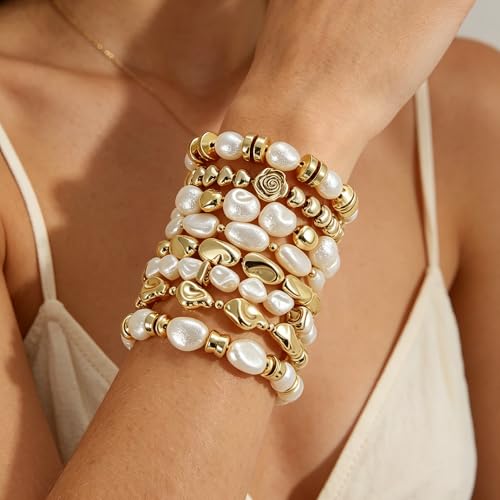 BROCC 8PCS Gold Beaded Bracelets for Women Simulated Pearl Beaded Bracelets | Simulated Pearl Beaded,Lightweight Feel,Durable Elastic Cord Design,Comfortable Fit for Most Wrists,Stylish and Versatile