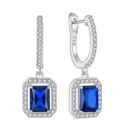 Women's Solitaire Dangle Drop Earrings 925 Sterling Silver Pure Square Huggie Earrings Hoop Dangle Drop Earrings Jewelry Gift - color: 09-sapphire-Sept