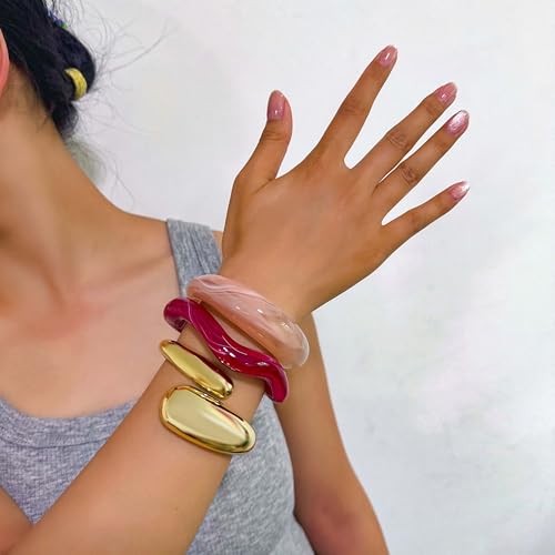 2PCS Chunky Acrylic Bracelet for Women Large Square Resin Cuff Vintage Open Bangle Bracelets Wide Geometric Jewelry - style: D-Gold+Pink+Red