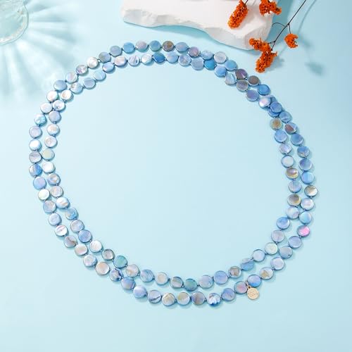 Firstmeet Flat Round Coin Shell Beads Long Knotted Necklace Natural Mother of Pearl Handmade Jewelry For Women - color: S-Blue AB
