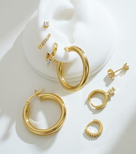 wowshow Gold Hoop Earrings for Women Chunky Hoops 14K Gold Plated Thick Hollow Tube Lightweight Earrings for Mother Birthday Gifts 20/25/30/40/50MM - color: Gold-30mm+10mm+8mm+stud
