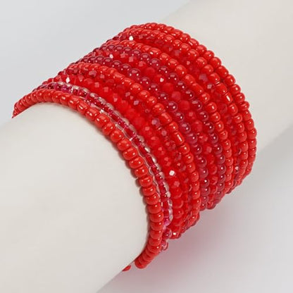 Bohemian Multilayer Beaded Stackable Stretch Bracelets for Women Colorful Crystal Glass Resin Seed Beads Elastic Wristbands BFF Friendship Summer Beach Hawaii Jewelry - color: Red