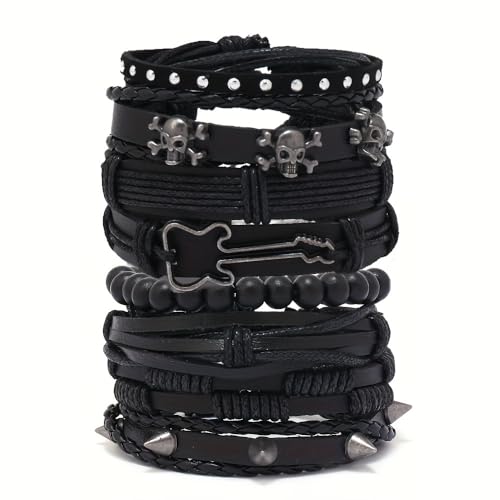 8pcs Punk Rock Style Bracelet Set, Black Multi-layer Leather Wristbands with Guitar Charm, Skull Design, Beaded Braided Cuff for Men, Women, Unisex Bohemian Style