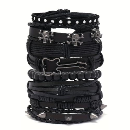 8pcs Punk Rock Style Bracelet Set, Black Multi-layer Leather Wristbands with Guitar Charm, Skull Design, Beaded Braided Cuff for Men, Women, Unisex Bohemian Style
