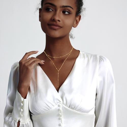 Zeffy Lariat Gold Necklace for Women, Dainty Long Necklace 14k Gold/Silver Plated Layered CZ Beaded Bar Chain Y-Shaped Body Chain Stack Drop Wedding Necklace Trendy Simple Gold Jewelry Gifts - color: Gold Bead Y Necklace (1PCS)