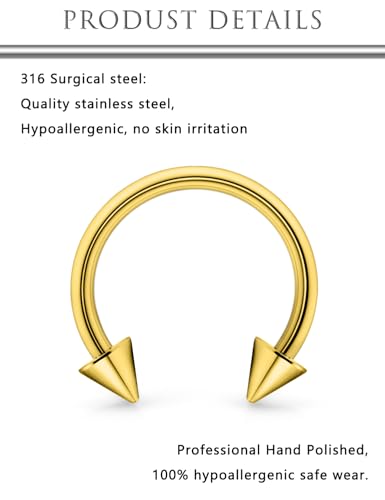Hoeudjo 16G Horseshoe Septum Rings with Ball Grabber Tool Hypoallergenic Surgical Steel Septum Piercing Jewelry Lip Rings for Women Men Diameter 6mm 8mm 10mm 12mm - color: goldtone