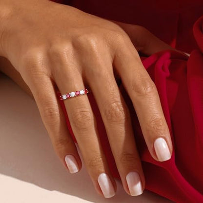 Birthstone Wedding Band Eternity Rings 925 Sterling Silver Rings Stackable Anniversary Engagement Rings Cubic Zirconia Inlaid Created Garnet/Amethyst/Sapphire Ring 7 Stone Ring, Size 6 to 10 - color: Ruby & 5A CZ